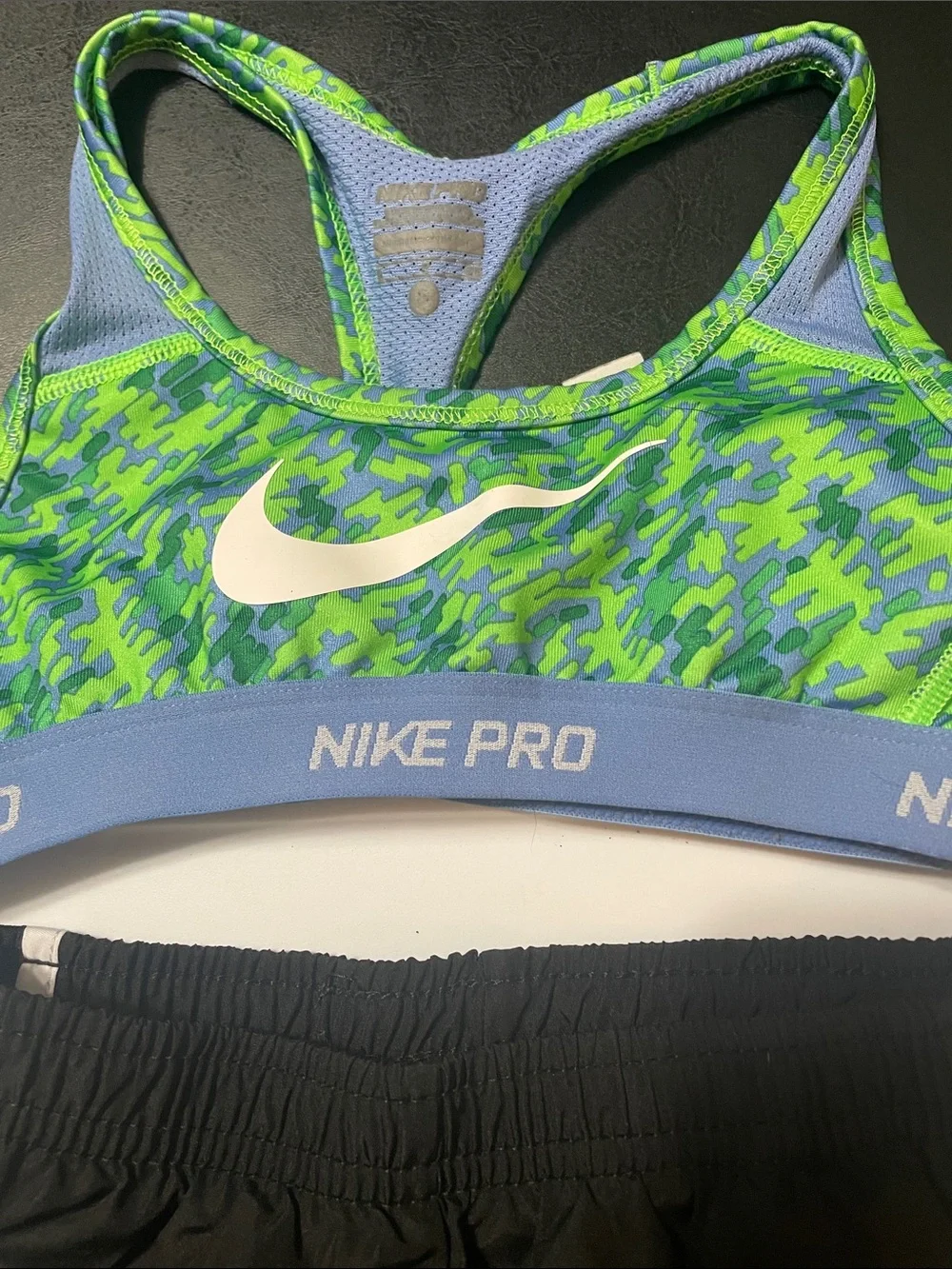 Nike Pro Green Camo Sports top  & Black Nike Shorts Sz S children’s used